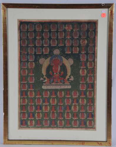Buddhist Icon. Tibet. 18th century. Ink and colours on heavy cloth. Thanghka of Amitayus surrounded by lineage figures. 19