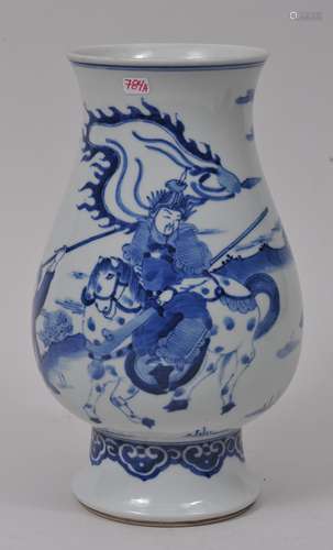 Porcelain vase. China. 20th century. Transistional style. Underglaze blue decoration of an historical scene. 9