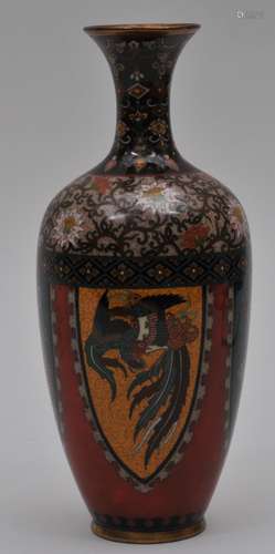 Cloisonné vase. Japan. Meiji period. (1868-1912). Decorations of dragons and phoenix on a red ground. 7-1/2