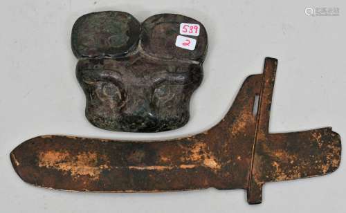 Two bronze works, China. To include: A tiger head plaque, probably Warring States (6-3rd B.C.) 3-1/2