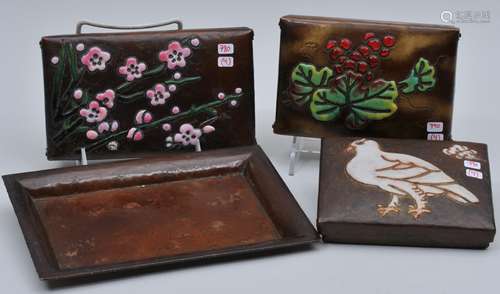 Lot of three enamel boxes and tray. Japan. Circa 1935. Moriage work. Decoration of a dove, cherry blossoms and berries. Probably Ando. Largest 6-3/4