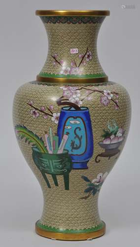 Cloisonné vase. China. 20th century. Decoration of The Hundred Antiques on a tan ground. 15-1/2