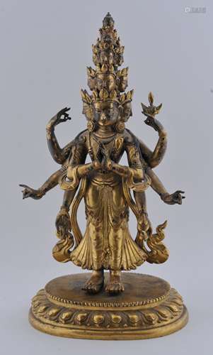 Gilt bronze Buddha. Sino-Tibetan. 18th century. Standing figure of Ekaduravalokitesh-vara. 