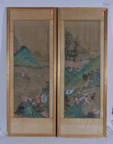 Pair of hanging scrolls. China. Early 20th century. Ink and colours on paper. Historical scenes. Framed and glazed. 39