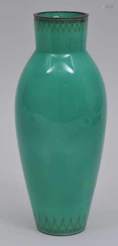 Cloisonné vase. Japan. Mid 20th century. Jadeite green color with cloisons hands at the foot and mouth. 7-1/2