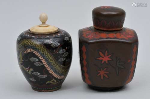 Lot of two covered jars. Japan. Meiji period. (1868-1912). To include: An ovoid jar with a dragon and rounded corners, Square Cloisonné on porcelain jar and cover. Largest- 3-1/2