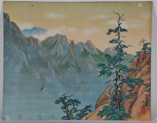 Watercolor on paper. China. 20th century. Mountain landscape. 22-1/2