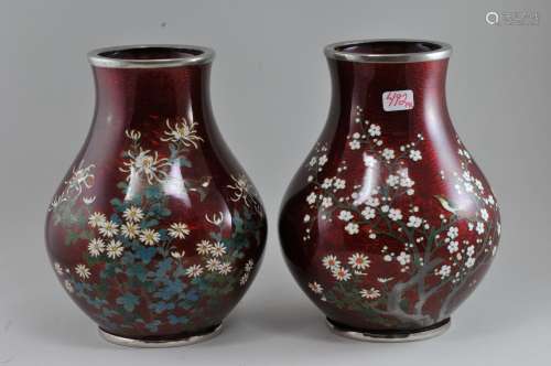Pair of Cloisonné vases. Meiji period. (1868-1912). Pear shaped. Standard cloisonné birds and flowers on a pigeons blood bas taille ground. 5