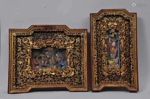 Two Architectural elements. China. 19th century. Carved, painted and gilded. 27-1/2