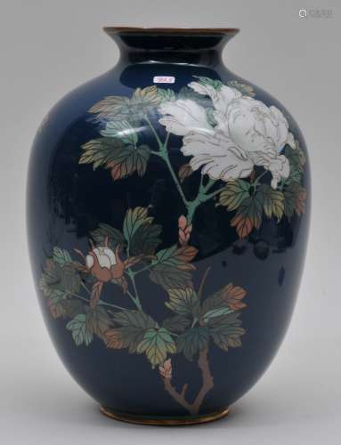 Cloisonné vase. Japan. Meiji period. (1868-1912). Design of white tree peonies on a slate blue ground. 10