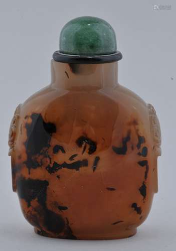 Agate Snuff bottle. China. 19th century. Well hollowed. Lion mask handles. 2-1/2