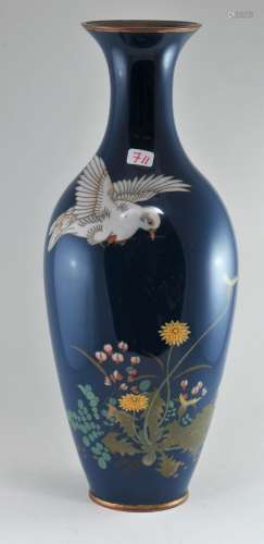 Cloisonné vase. Japan. Meiji period. (1868-1912). Decoration of a dove with flowers on a slate blue ground. 10