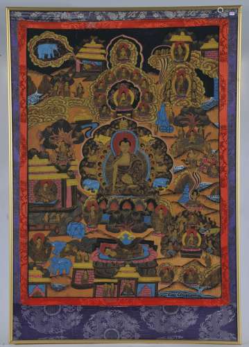 Buddhist Icon. Tibet. 20th century. Ink, colours and gilt on heavy cloth. Thanghka of Amitabha with lineage figures. Framed and glazed. 28