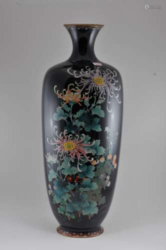 Cloisonné vase. Japan. Meiji period. (1868-1912). Chrysanthemums on a midnight blue. Signed Hayashi Chuzo. 11-3/4