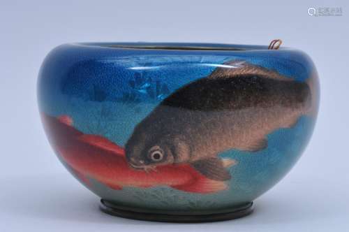 Cloisonné bowl. Japan. Meiji period. (1868-1912). Bas Taille (Tsuki Jippo) enamels. Decoration of a goldfish, aquatic plants on a ground shading from dark turquoise to an amber blush. Signed Ogasawa Shuzo. 6-1/2