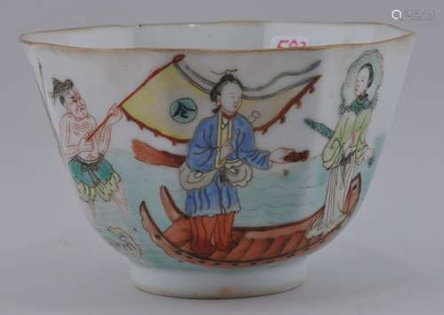 Porcelain cup. China. 19th century. Hexagonal form. Famille Rose decoration The Immortals. 4