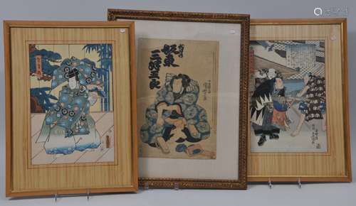 Lot of three Japanese woodblock prints. All framed and glazed.