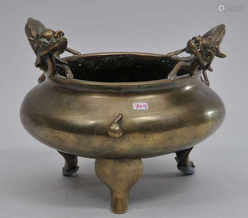 Bronze censer. China. 19th century. Tripod form with dragon handles. Yung Cheng mark. 8-1/4