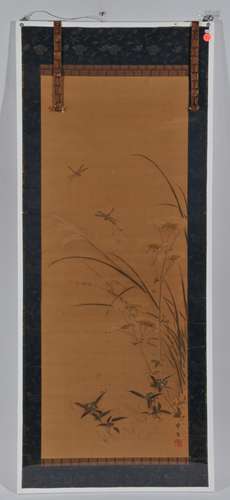 Hanging scroll. Japan. 19th century. Ink and colours on silk. Dragon flies and  summer flowers. 39