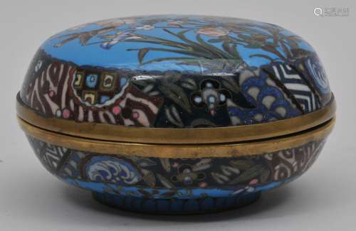 Cloisonné box. Round form. Japan. Meiji period. (1868-1912). Decoration of birds and flowers both interior and exterior. Turquoise ground. Brocade borders. 5