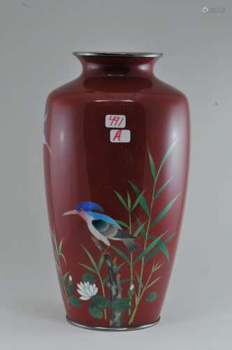 Cloisonné vase. Japan. Second half of the 20th century. Decoration of kingfishers and aquatic plants on a burgundy ground. Signed Hayashi Kaname with his mark. 7-1/2