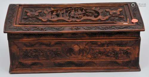 Sandalwood box. China, 19th century. Surfaces carved with figures in a garden and panels of flowers. 15-1/2