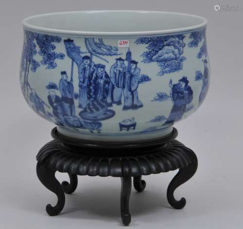 Porcelain censer. China. 20th century. Transitional style. Underglaze blue scene of a Buddhist procession. 10