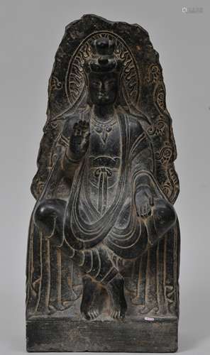 Carved stone Buddha. China. 19th century or earlier. Sui style. Figure of a seated, enthroned Maitreya. 19