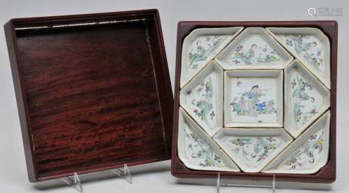 Famille Rose Sweet Meat set. China. Early 20th century. Boxed. 10-1/4