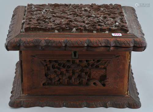 Carved sandalwood box. China. 19th century. Surfaces carved with flowers and people in palace gardens. 7