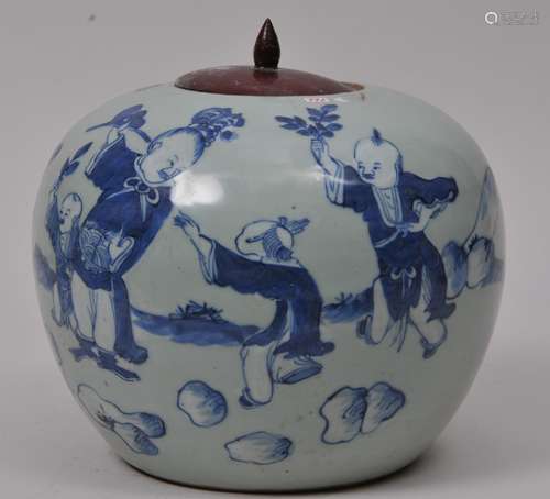 Porcelain vase. China. 19th century. Globular form. Underglaze blue decoration of children playing on a pale celadon ground. 10