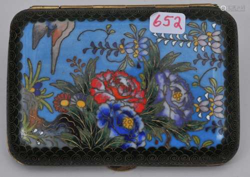 Cloisonné card case. Japan. Meiji period. (1868-1912). Decoration of flowers and rockery. 3-1/4