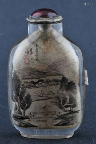 Rock crystal Snuff bottle. China. Early 20th century. Interior painted with a landscape. Signed Chou Lo Yuan.  2-3/4