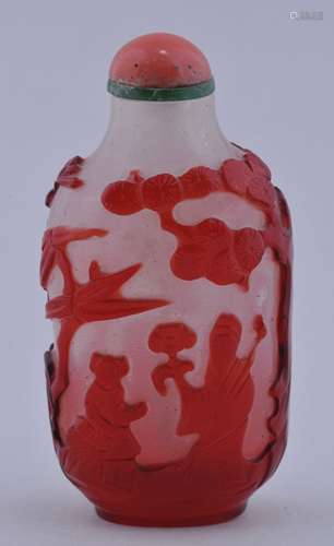 Cameo glass Snuff bottle. Overlay of red cut to snowflake. Pattern of The Immortals. 2-1/2