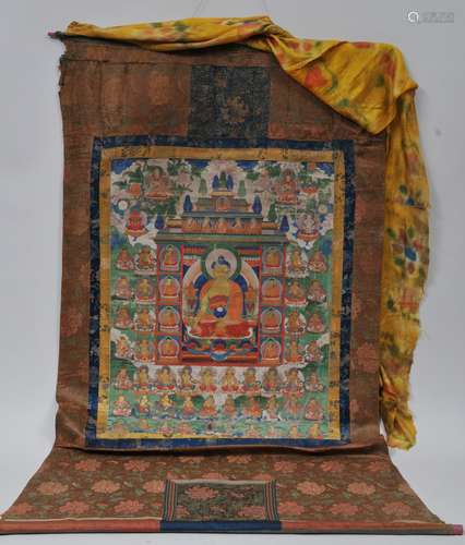 Buddhist painting. Tibet. 18th century. Thangkha of Shakyamuni Buddha with lineage figures. Mineral pigments and gilt on heavy cloth. Brocade mounts. 28-1/4