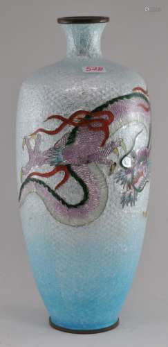 Cloisonné vase. Meiji period. (1868-1912). Decoration of a lavender dragon on a blue ground fading to light at the top. 7
