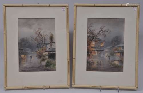 Pair of watercolors. Japan. Early 20th century. Signed Tanaucchi. Western style rain scenes. 11-1/4