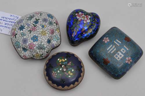 Lot of four Cloisonné boxes. Japan. Meiji period. (1868-1912). To include: shell shape, heart shape, quare and round box. Largest- 3-1/2