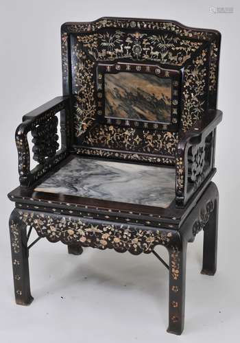 Rosewood chair. China. 19th century. Surface inlaid with mother of pearl with deers, birds and flowers. Dream stone marble inset. 40: high. 26-1/2