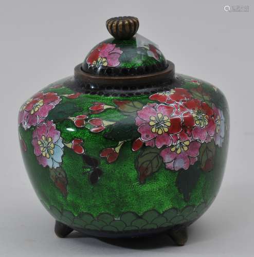 Hexagonal Cloisonné censer. Japan. Meiji period. (1868-1912). Cherry blossoms on a bas taille ground of emerald green. 3-1/2