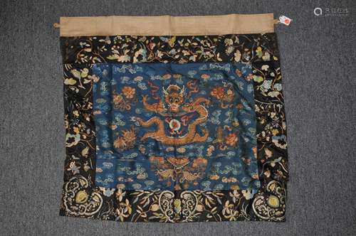 19th century embroidered silk Chinese panel. Metallic thread, dragon decoration. Losses to fabric and threads. Overall size: 31-1/2