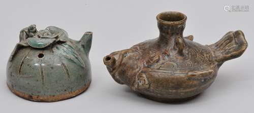 Two water droppers. To include: A 19th century Celadon pot decorated with flowers and insects with a 14th century Cambodian fish shaped ewer. Largest 5