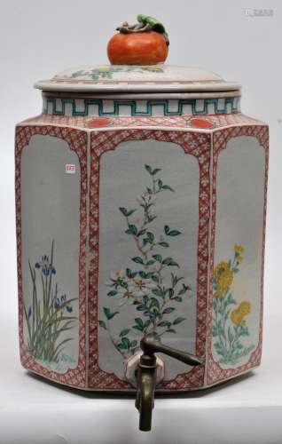 Stoneware cistern. Japan. 20th  century. Hexagonal form. Kinkrande style decoration with seasonal flowers. Persimmon finial. Brass spout. 14