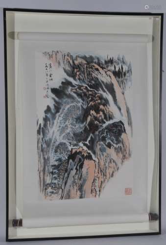 Hanging scroll. China. Dated 1978. Ink and colors on paper. Landscape. Signed. Framed and glazed. 27