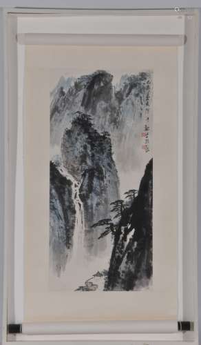 Hanging scroll. China. 20th century. Ink and colours on paper. Mountain landscape. Signed. 27