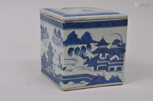 Porcelain box.  China. 19th century. Canton ware. Blue and white decoration of landscapes. 6-3/4