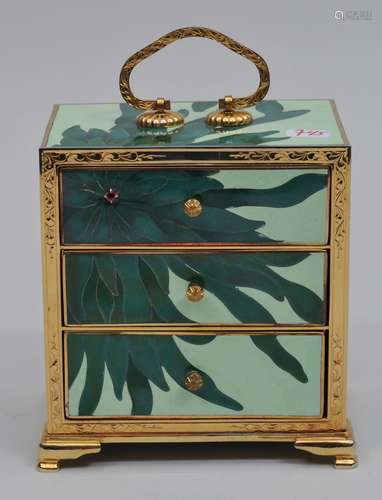 Small  Cloisonné cabinet. Japan. Second half of the 20th century. Decoration of green petals, one jewel inset on lime green ground. 3-3/4