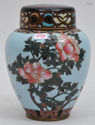 Cloisonné covered jar. Japan. Meiji period. (1868-1912). Decoration of flowers on a pale blue ground. Butterflies on the top. 5