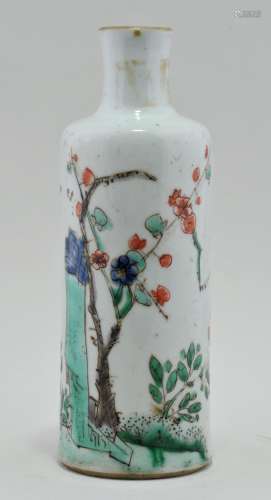 Small porcelain vase. China. K'ang Hsi period (1662-1722). Cylindrical form. Famille Verte decoration of birds and flowers. Truncated. 4-3/4