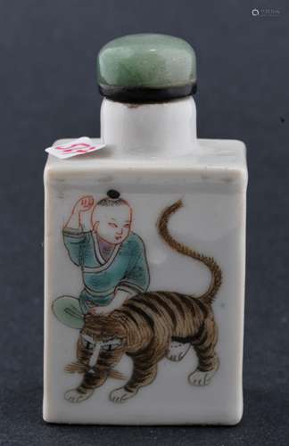 Porcelain Snuff bottle. China, 19th century. Decoration of a boy with a tiger and inscriptions. 2-1/4